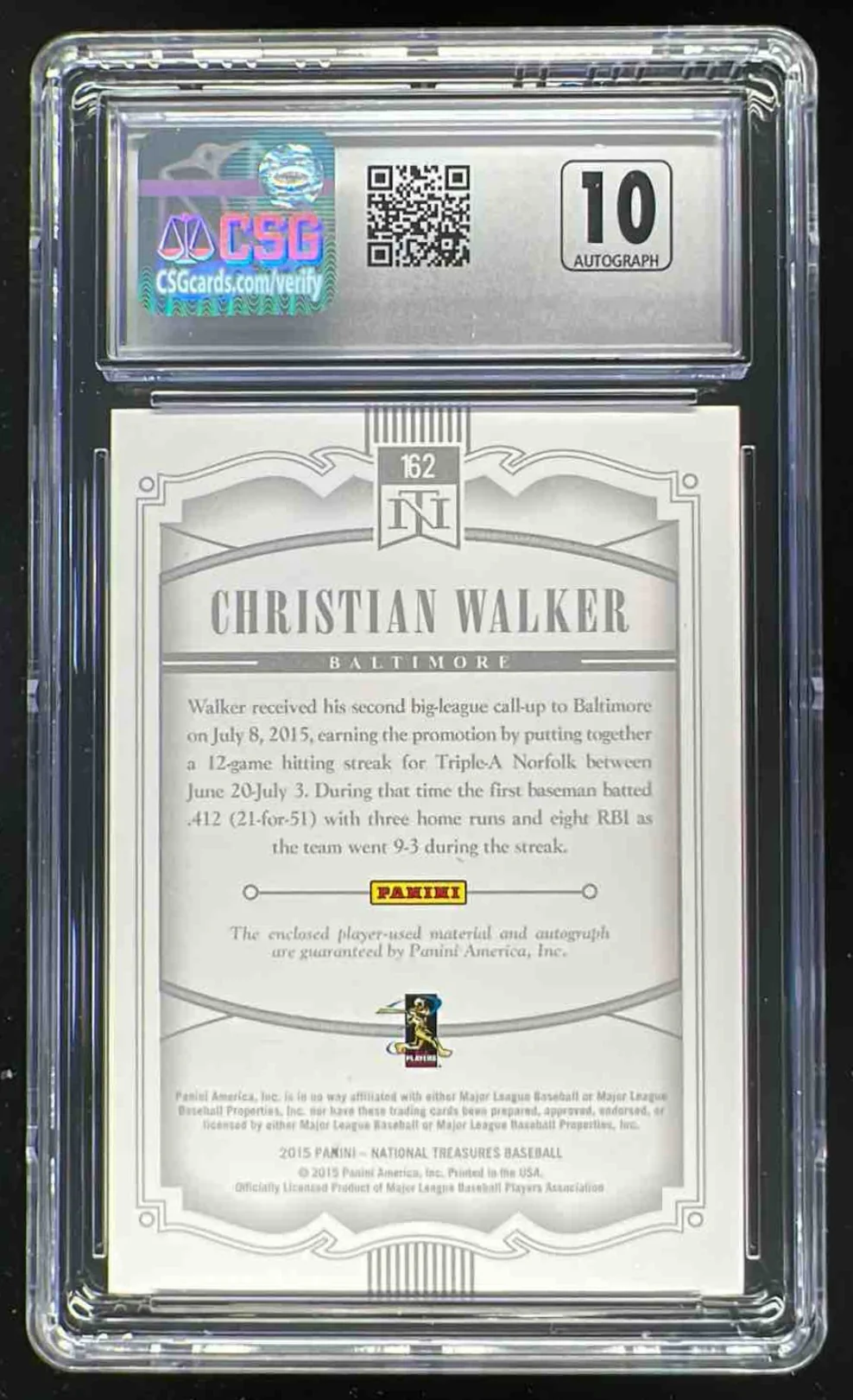 2015 Panini National Treasures #162 Christian Walker Autograph RC Auto /99 CSG 9 - Image 2