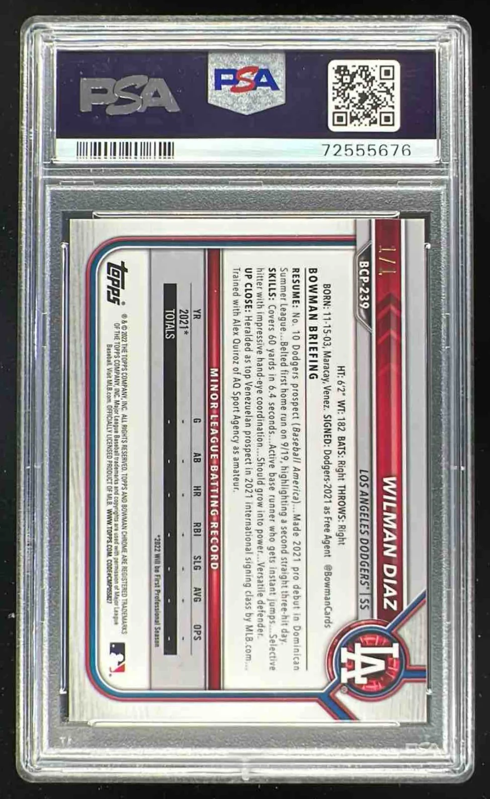 2022 Bowman Chrome Prospects SuperFractor #BCP-239 Wilman Diaz 1/1 PSA 9 - Image 2