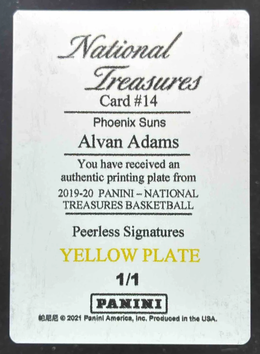 2019 National Treasures Printing Plate Yellow #14 Alvan Adams 1/1 - Image 2