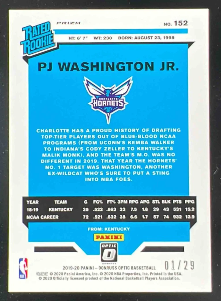 2019-20 Donruss Optic Purple Stars #152 PJ Washington Jr. RC /29 - Image 2