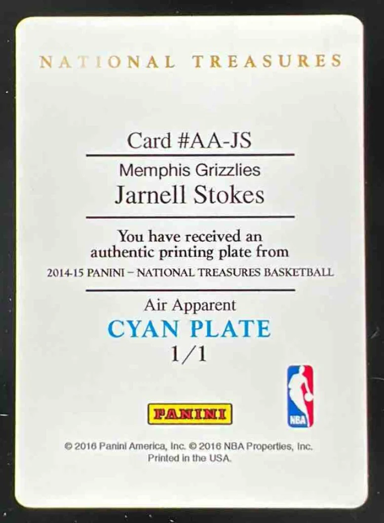 2014-15 Panini National Treasures Air Apparent Printing Cyan Jarnell Stokes 1/1 - Image 2