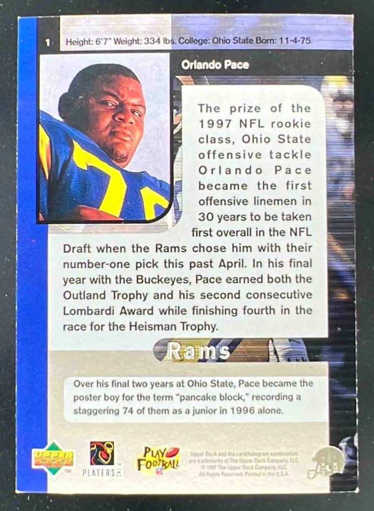 1997 SP Authentic #1 Orlando Pace RC - Image 2