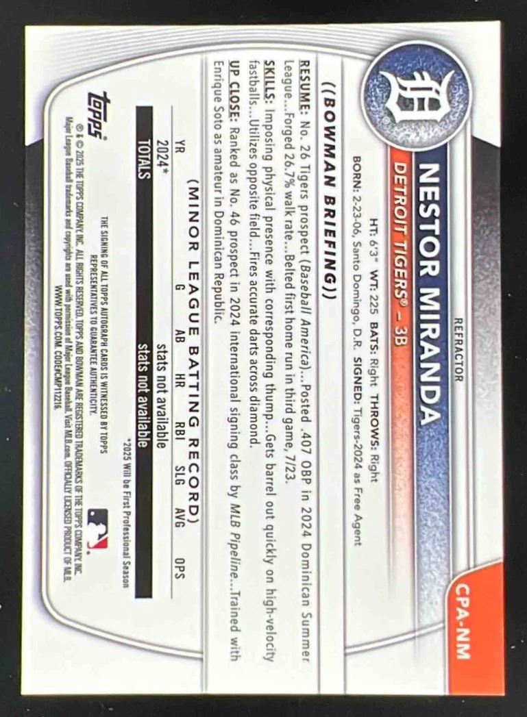 2025 Bowman Chrome Autograph Refractor #CPA-NM Nestor Miranda RC Auto /499 - Image 2