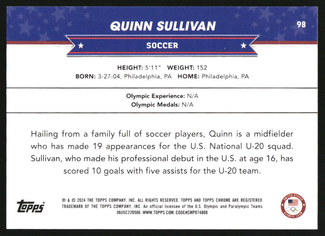 2024 Topps Chrome U.S. Olympic Hopefuls Black Refractors #98 Quinn Sullivan /10 - Image 2