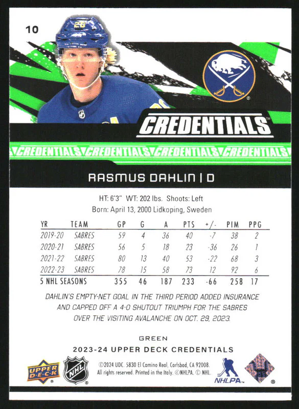 2023-24 Upper Deck Credentials Green #10 Rasmus Dahlin /25 - Image 2