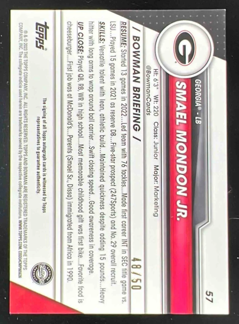2023 Bowman University Chrome Gold Refractor #57 Smael Mondon Jr. Auto /50 - Image 2