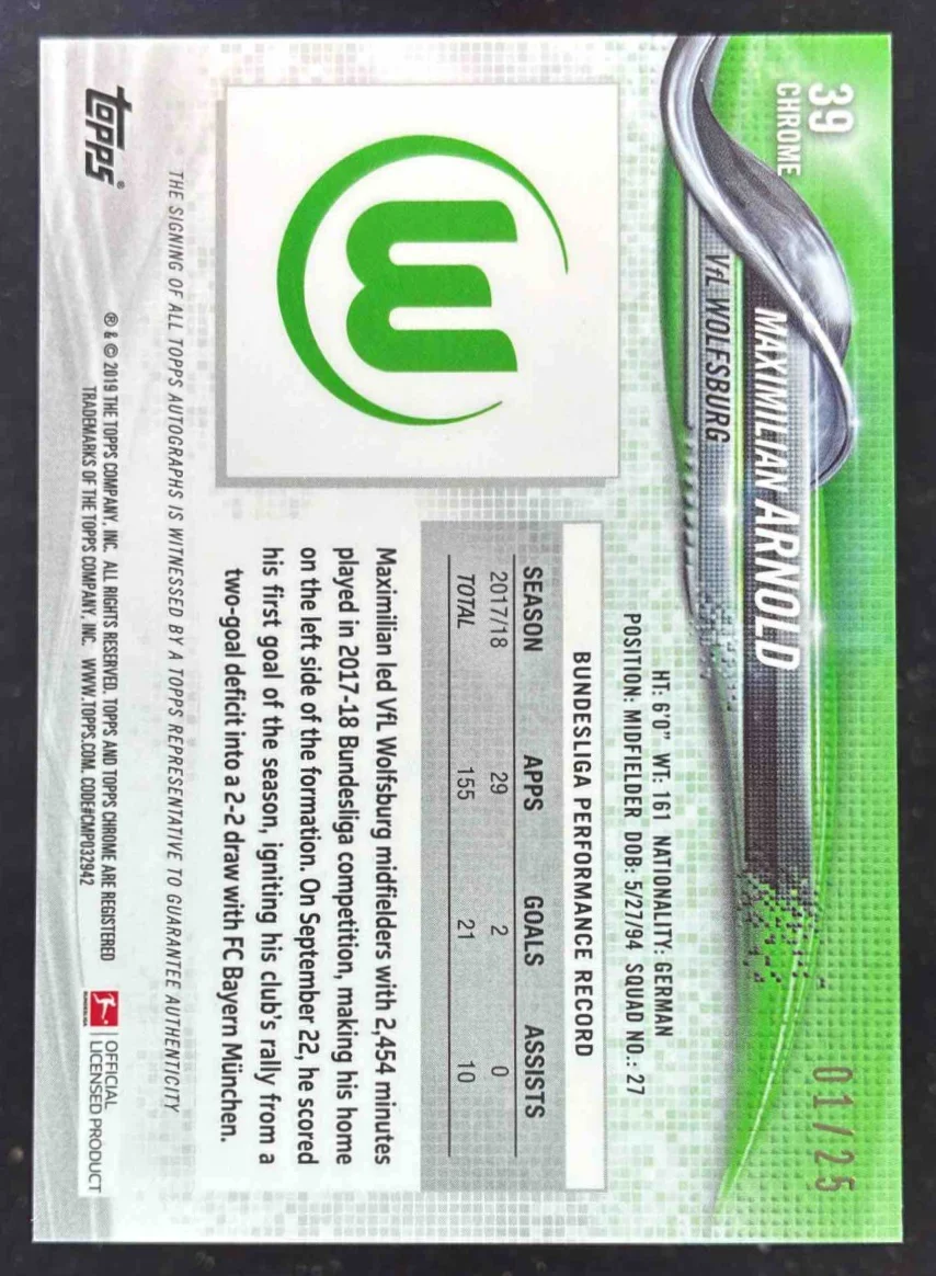 2018 Topps Chrome Bundesliga Orange #39 Maximilian Arnold /25 - Image 2