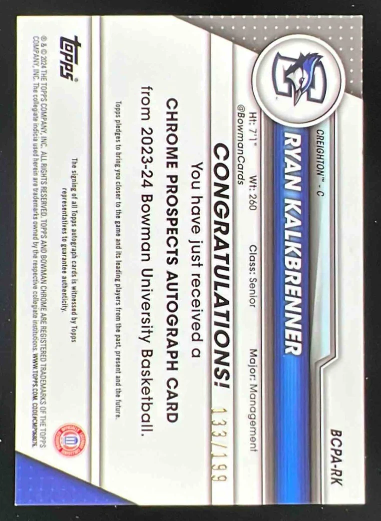 2023 Bowman University Chrome Lava Refractor #BCPA-RK Ryan Kalkbrenner Auto /199 - Image 2