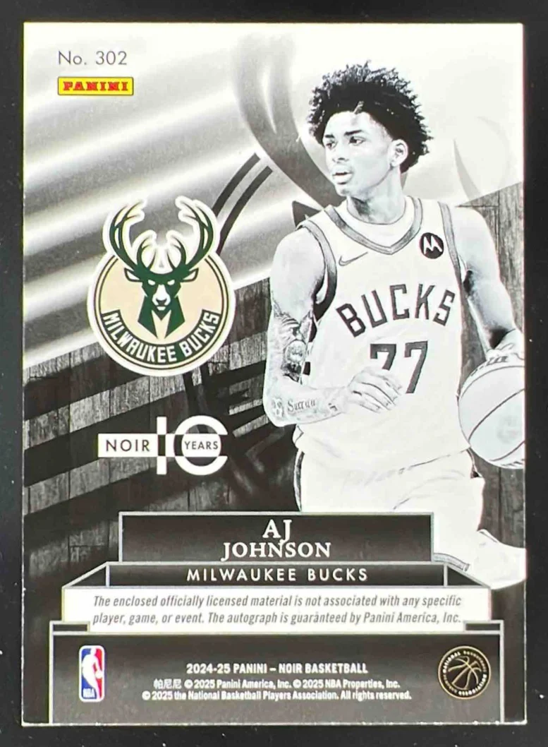 2024 Panini Noir Rookie Patch Autograph Black and White #302 AJ Johnson Auto /99 - Image 2