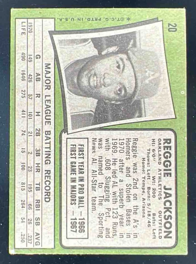 1971 Topps #20 Reggie Jackson - Image 2