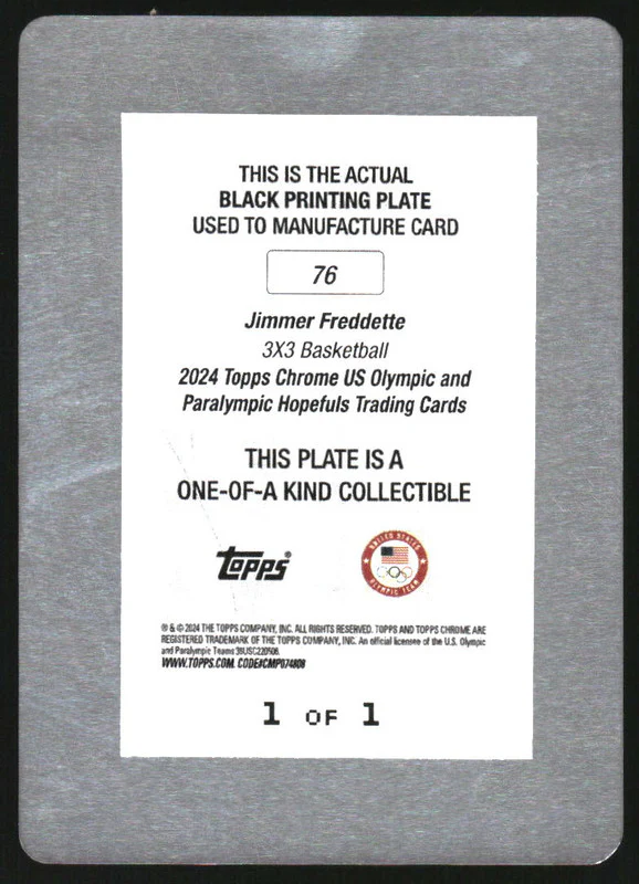 2024 Topps Chrome Olympic Printing Plate Black Jimmer Freddette 1/1 - Image 2