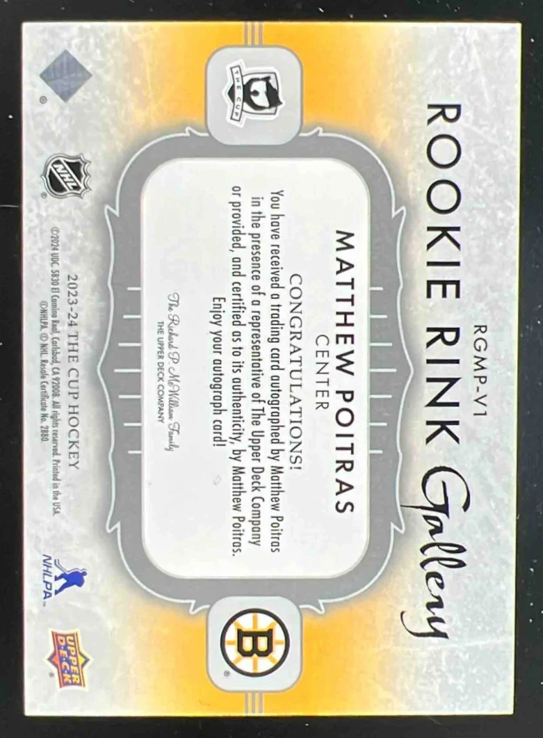 2023 The Cup Rookie Rink Gallery Auto #RGMPV1 Matthew Poitras Autograph Auto /25 - Image 2