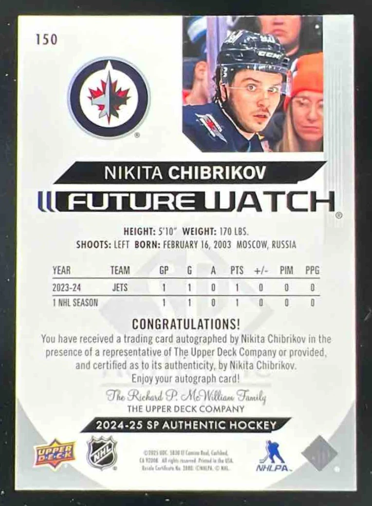 2024-25 Upper Deck SP Authentic #150 Nikita Chibrikov Autograph RC Auto /999 - Image 2
