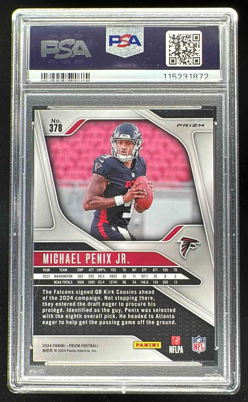 2024 Panini Prizm Black and White Checker Prizm #378 Michael Penix Jr. RC PSA 10 - Image 2