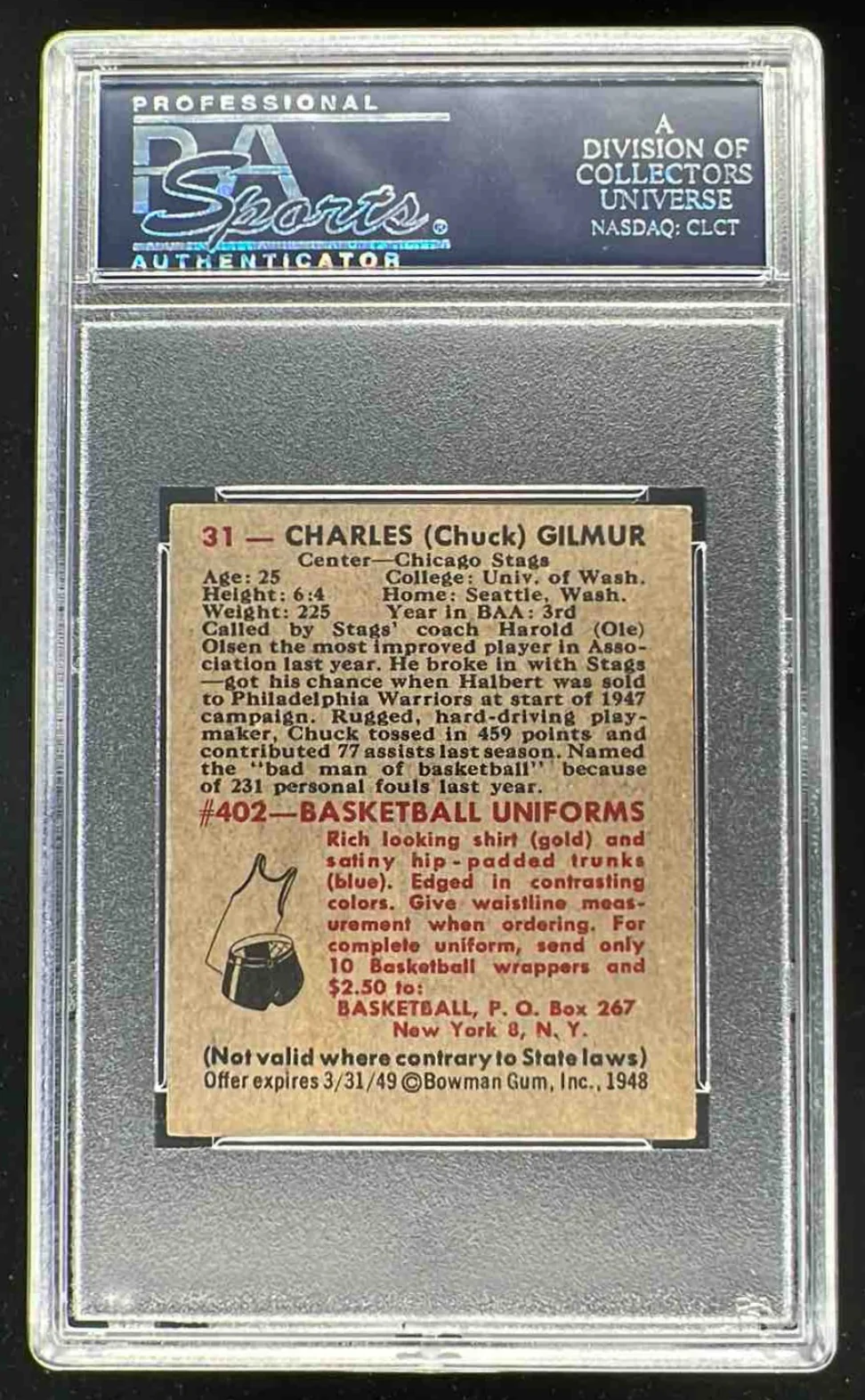 1948 Bowman #31 Chuck Gilmur PSA 6 - Image 2