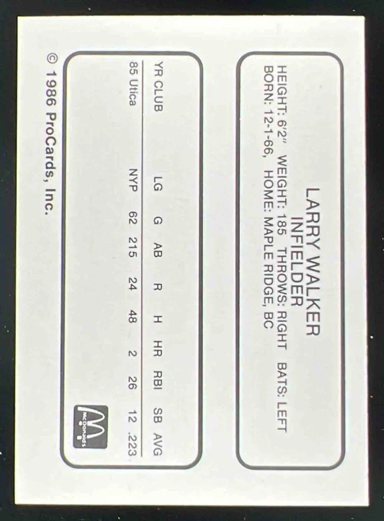 1986 Procards Burlington Inc Larry Walker - Image 2