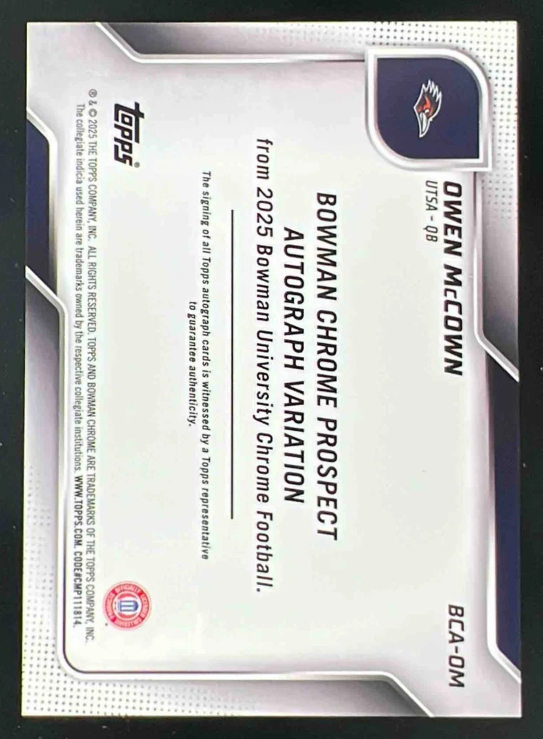 2025 Bowman Chrome University Blue Mini-Diamond #BCA-OM Owen McCown Auto /150 - Image 2