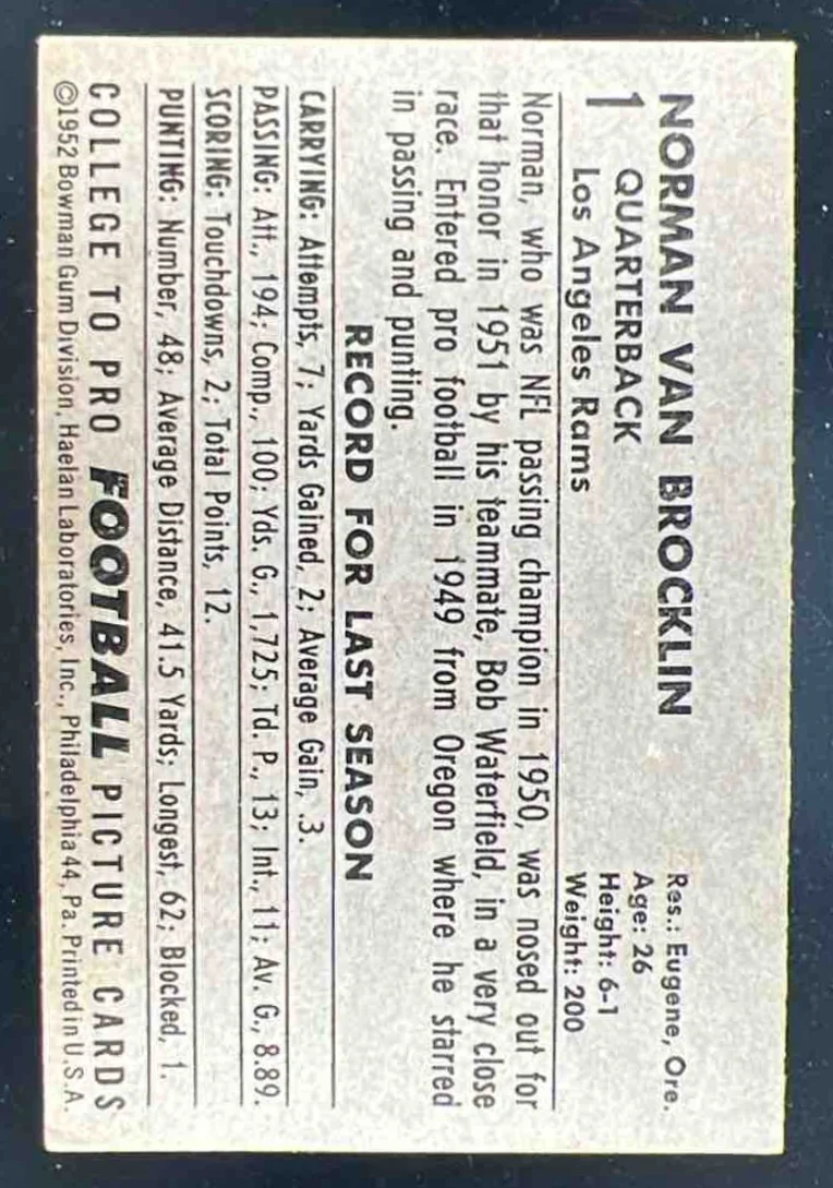 1952 Bowman Large #1 Norman Van Brocklin SP - Image 2