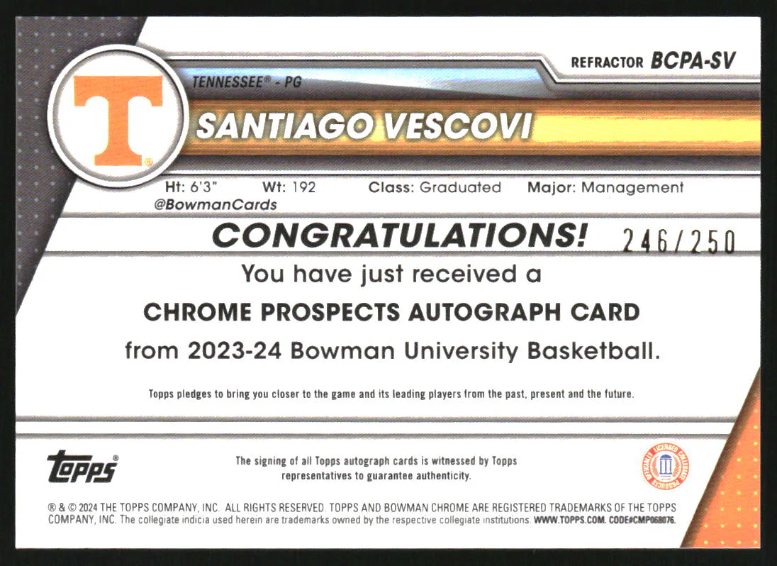 2023 Bowman Chrome University Prospect Autograph Santiago Vescovi RC Auto /250 - Image 2