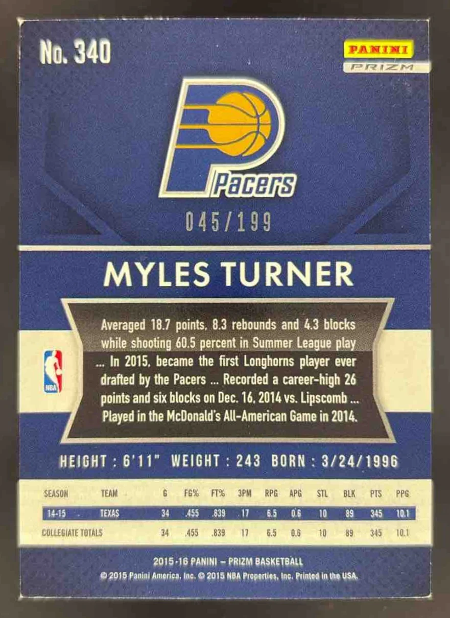 2015-16 Panini Prizm Light Blue Prizms #340 Myles Turner RC /199 - Image 2