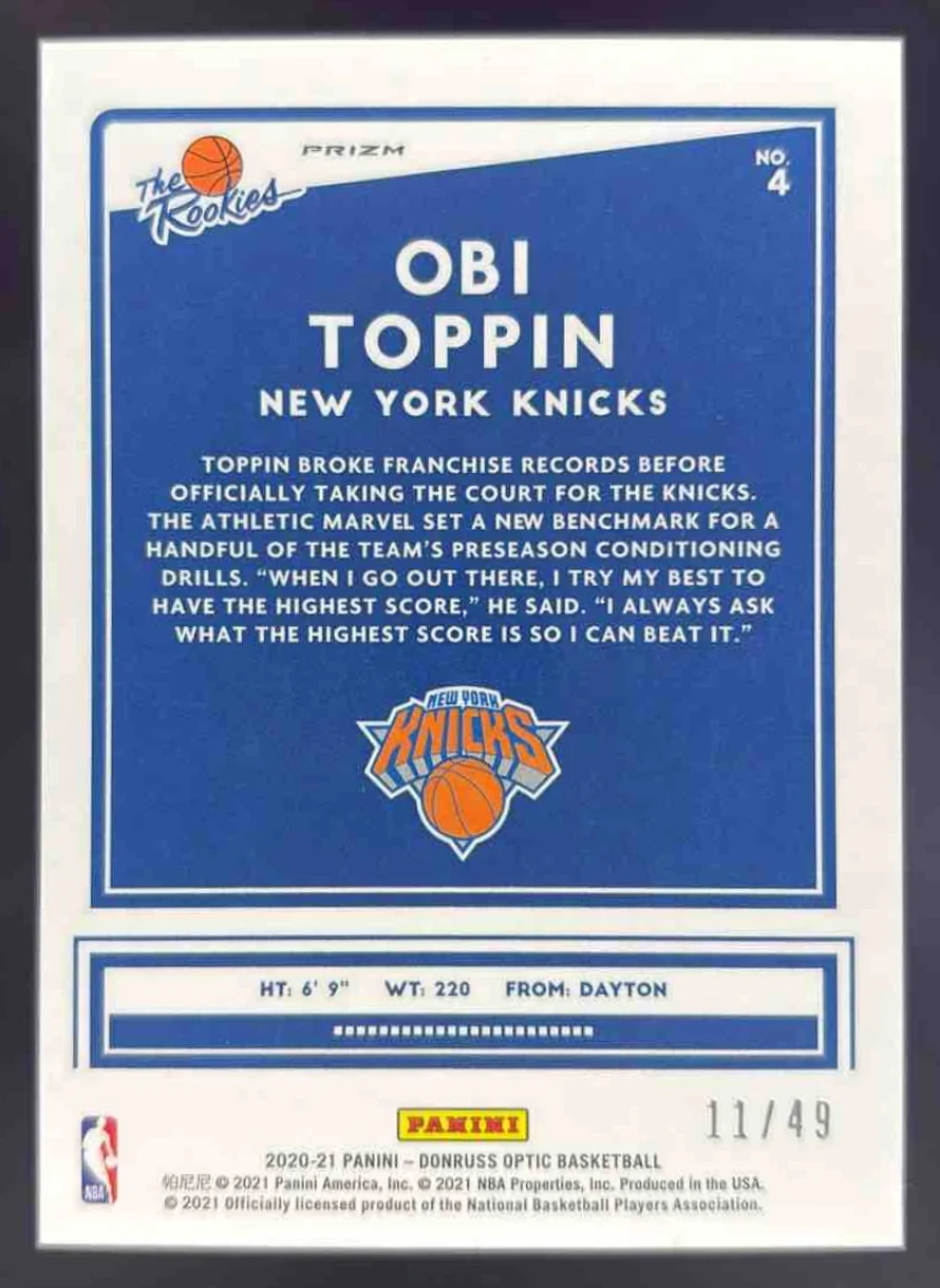 2020-21 Panini Donruss Optic The Rookies Blue #4 Obi Toppin RC /49 - Image 2