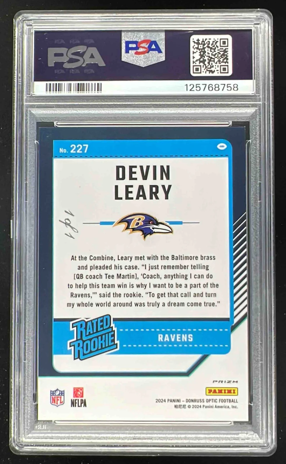 2024 Panini Donruss Optic Gold Vinyl #227 Devin Leary Rated Rookie 1/1 PSA 10 - Image 2