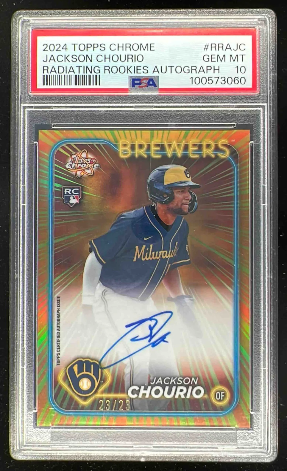 2024 Topps Chrome Radiating Rookies #RRA-JC Jackson Chourio RC Auto /23 PSA 10