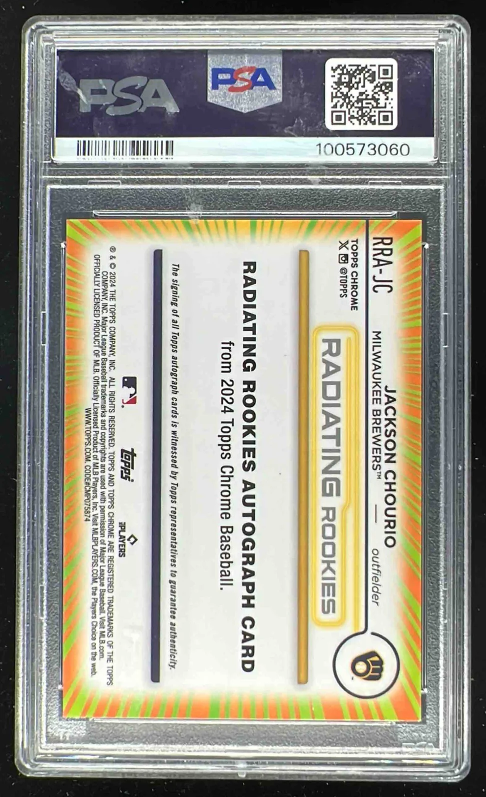 2024 Topps Chrome Radiating Rookies #RRA-JC Jackson Chourio RC Auto /23 PSA 10 - Image 2