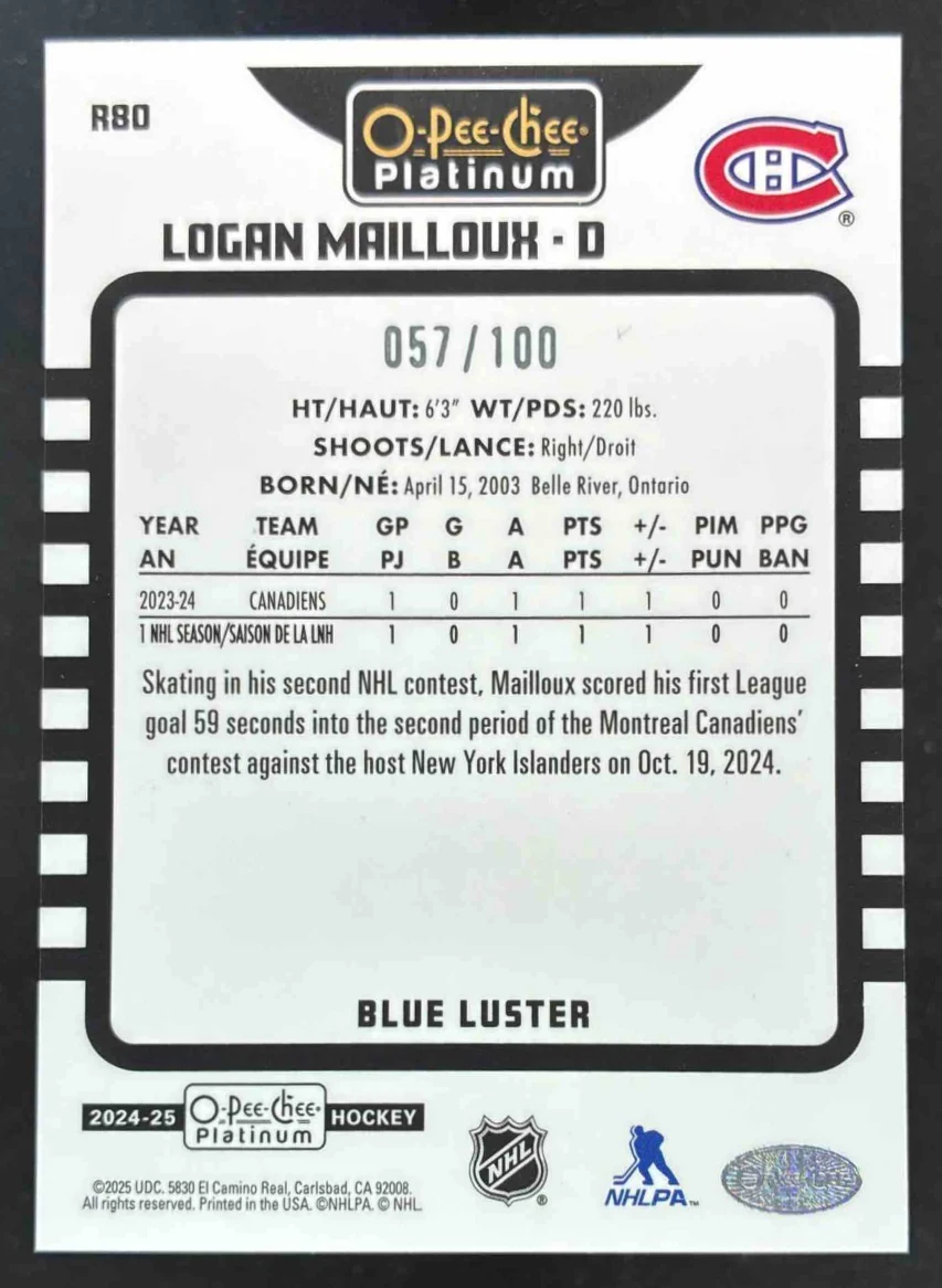 2024-25 O-Pee-Chee Platinum Retro Blue Luster #R80 Logan Mailloux /100 - Image 2