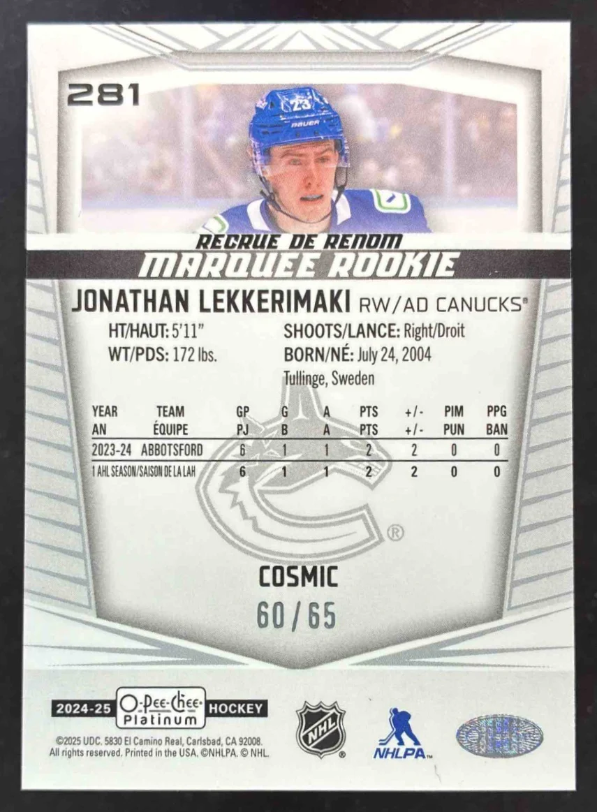 2024 O-Pee-Chee Platinum Cosmic #281 Jonathan Lekkerimaki RC Marquee Rookie /65 - Image 2