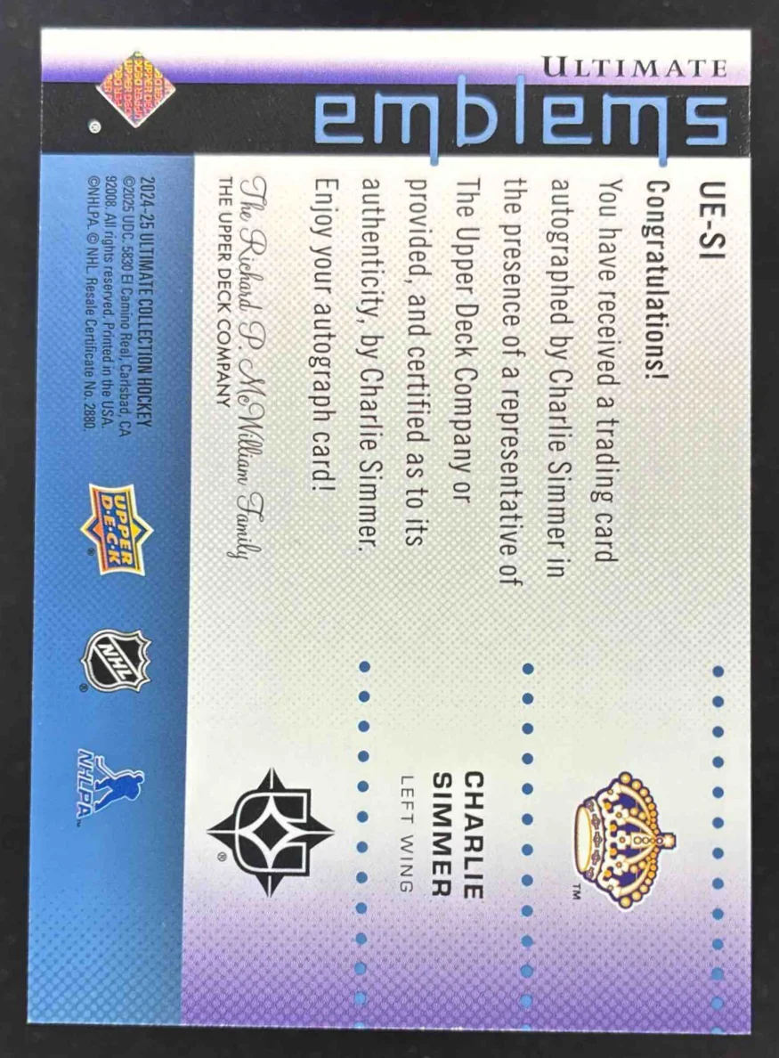 2024 Ultimate Collection Emblems Auto Platinum #UE-SI Charlie Simmer Auto /10 - Image 2