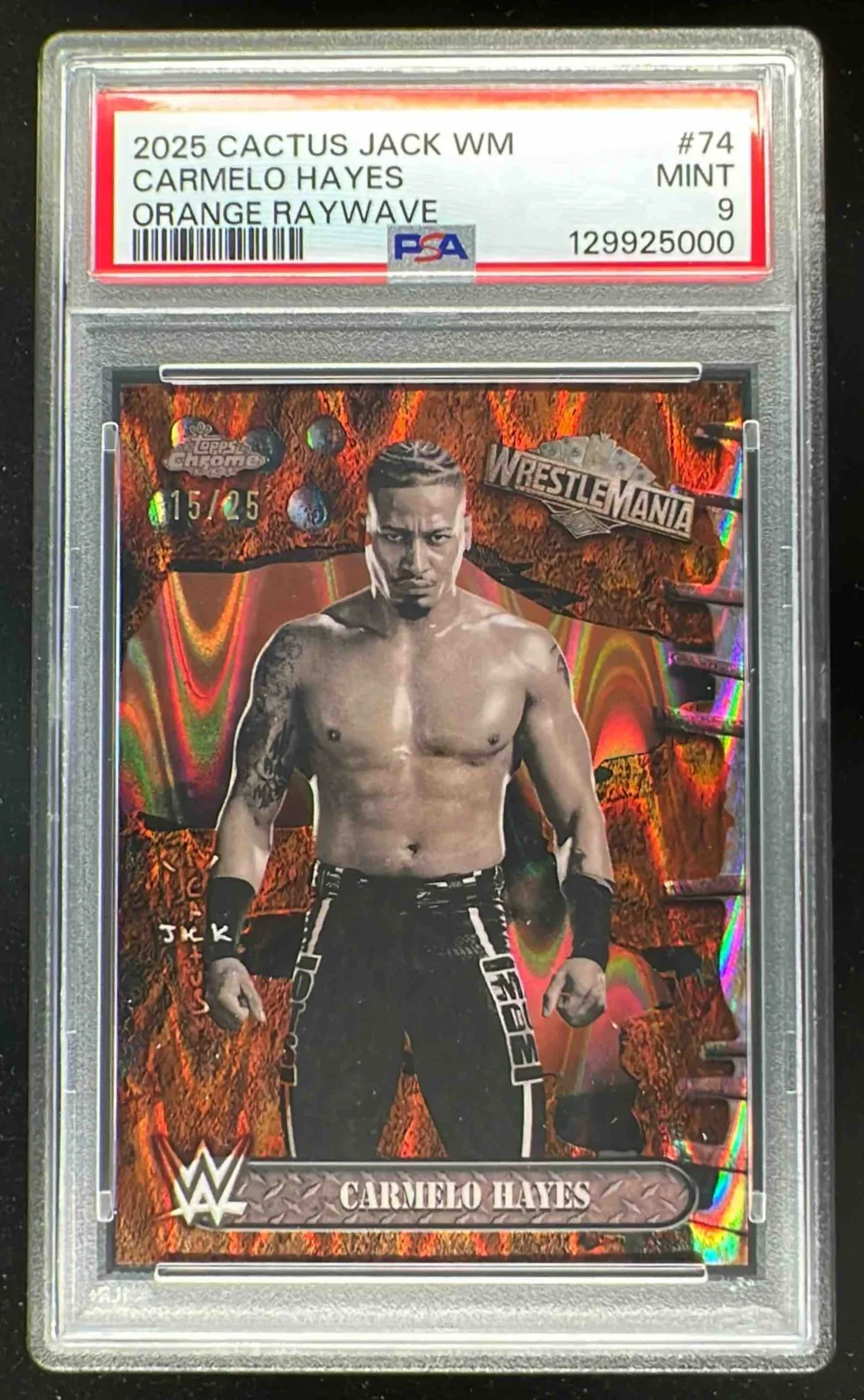 2025 Topps Chrome WWE Cactus Jack x Orange Ray Wave #74 Carmelo Hayes /25 PSA 9
