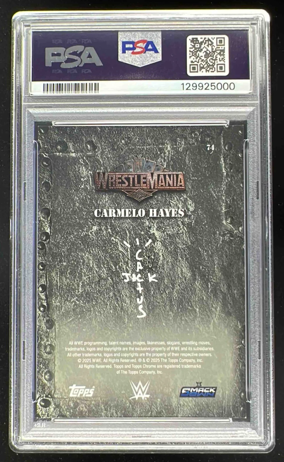 2025 Topps Chrome WWE Cactus Jack x Orange Ray Wave #74 Carmelo Hayes /25 PSA 9 - Image 2