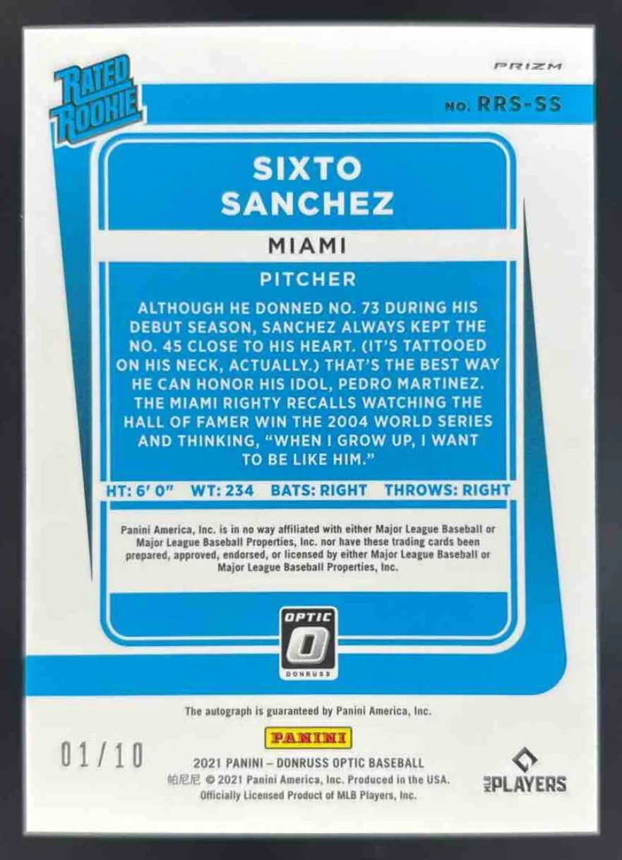 2021 Donruss Optic Rated Rookie Signatures Gold #RRSSS Sixto Sanchez RC Auto /10 - Image 2