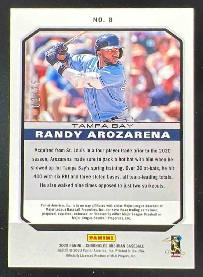 2020 Panini Chronicles Obsidian Electric Etch Red #8 Randy Arozarena RC /25 - Image 2