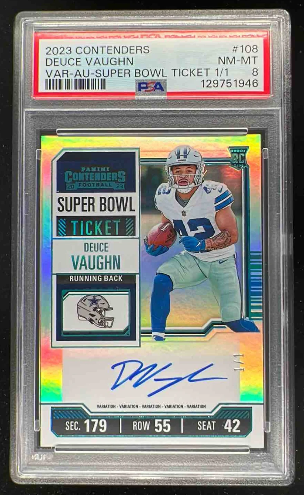 2023 Contenders Optic Super Bowl Ticket #108b Deuce Vaughn RC Auto 1/1 PSA 8