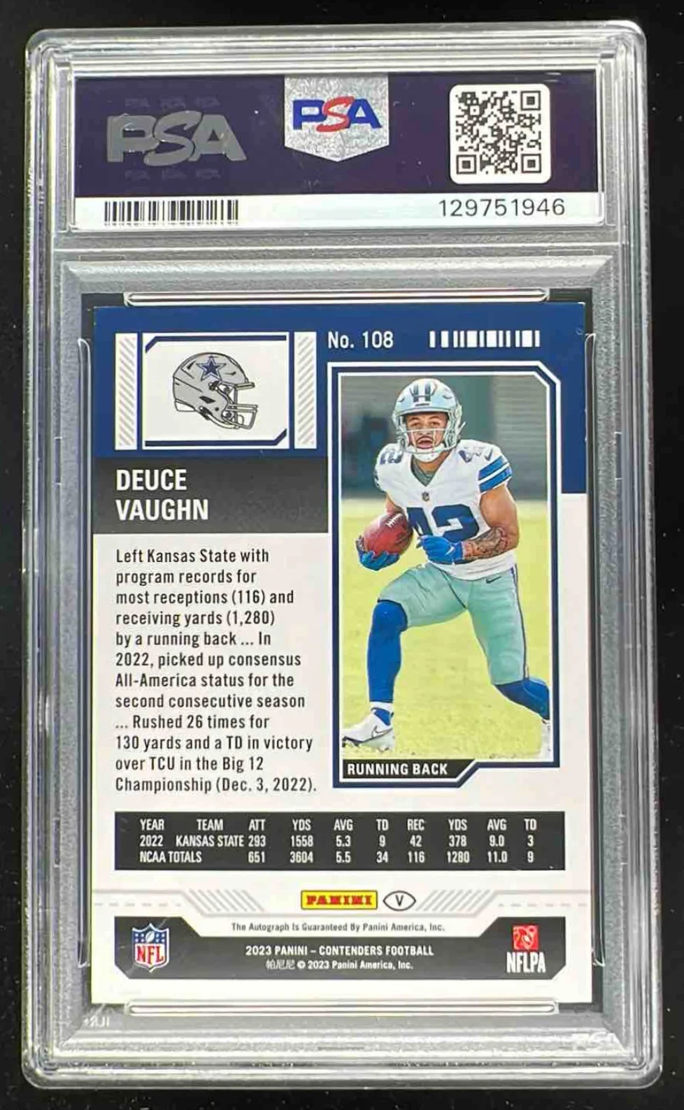 2023 Contenders Optic Super Bowl Ticket #108b Deuce Vaughn RC Auto 1/1 PSA 8 - Image 2