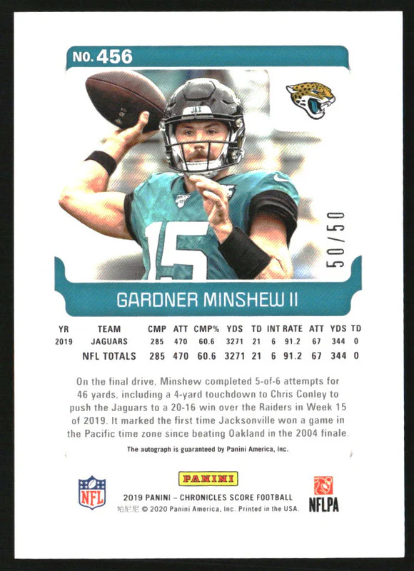 2019 Score Rookie Autographs Gold Zone #456 Gardner Minshew II RC Auto /50 - Image 2