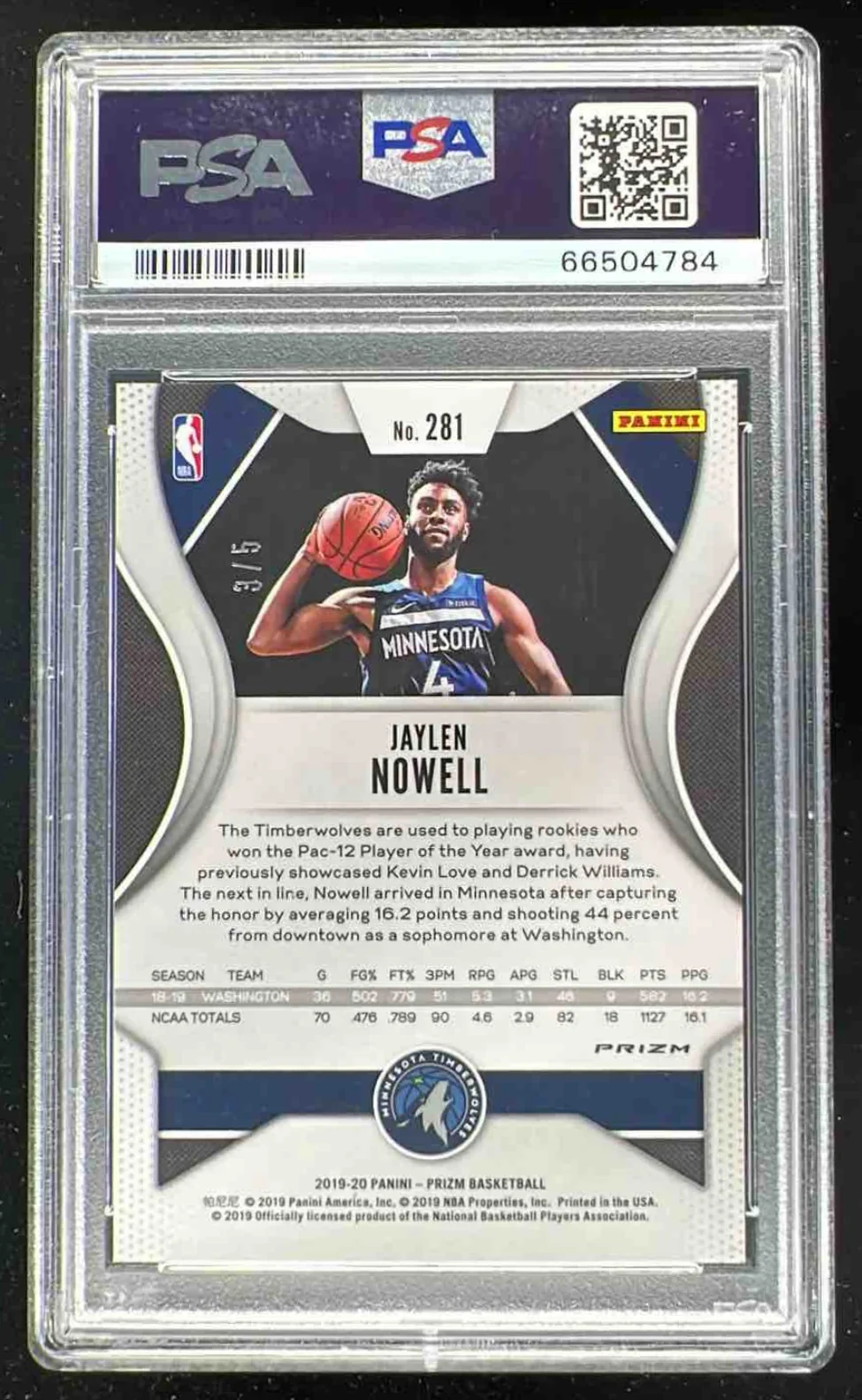 2019-20 Panini Prizm Prizms Black Gold #281 Jaylen Nowell RC /5 PSA 10 - Image 2