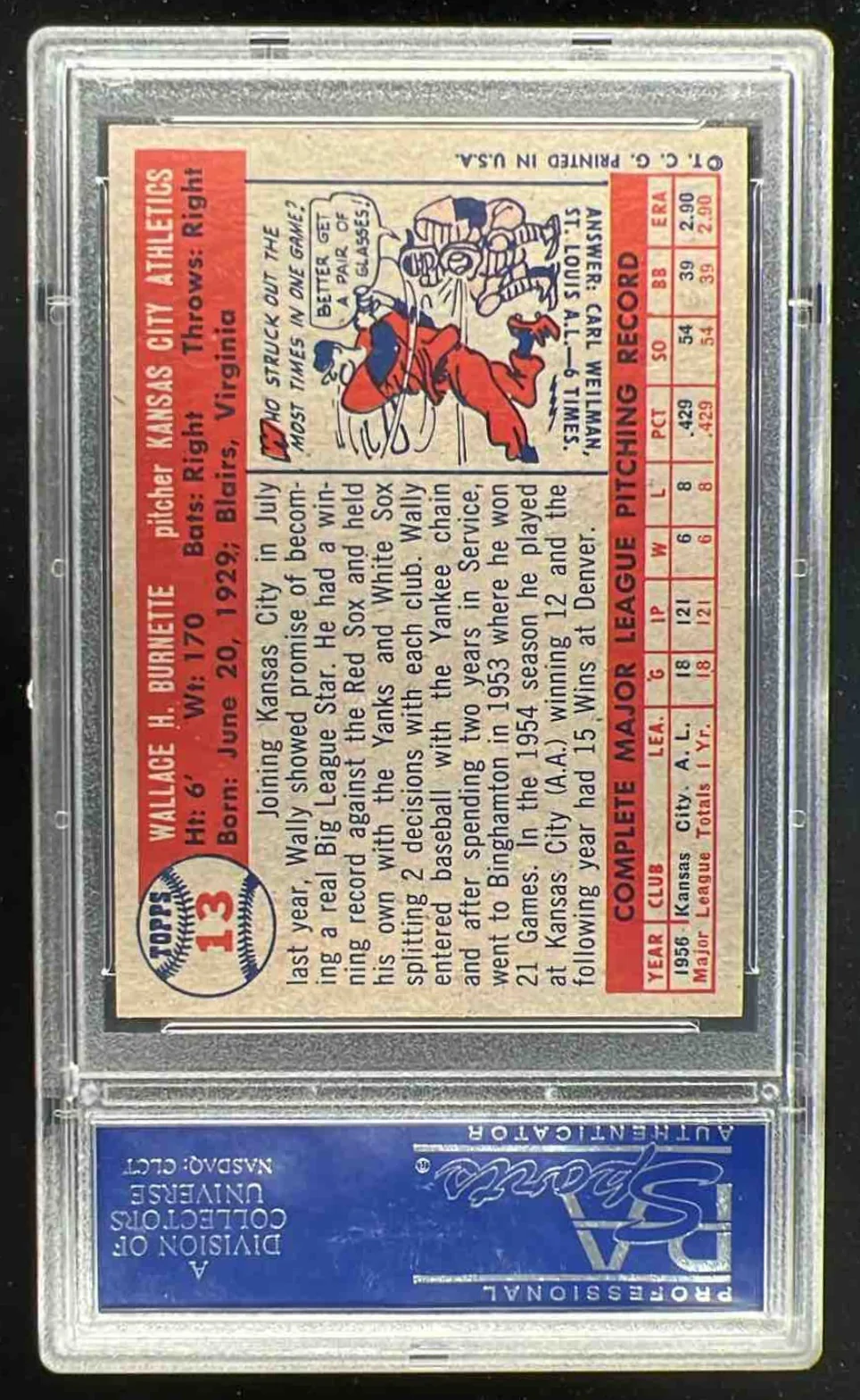 1957 Topps #13 Wally Burnette RC PSA 7 - Image 2