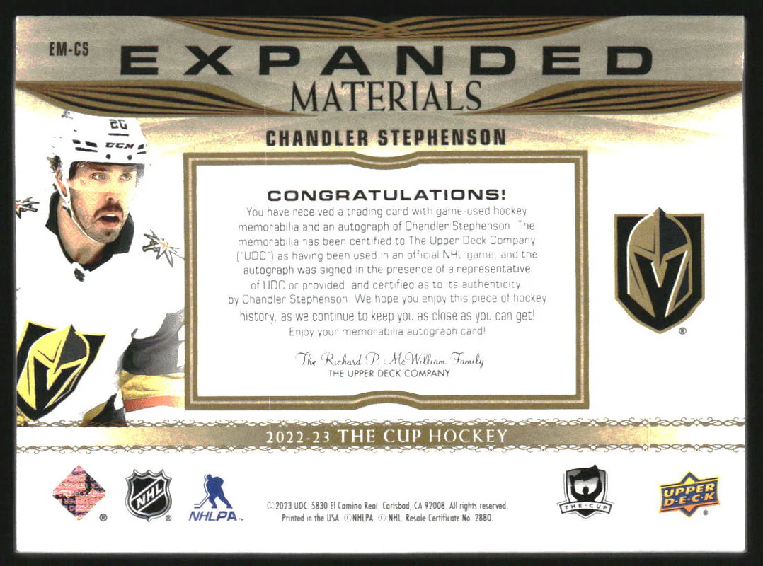 2022-23 The Cup Expanded Material Autographs #EMCS Chandler Stephenson Auto /25 - Image 2