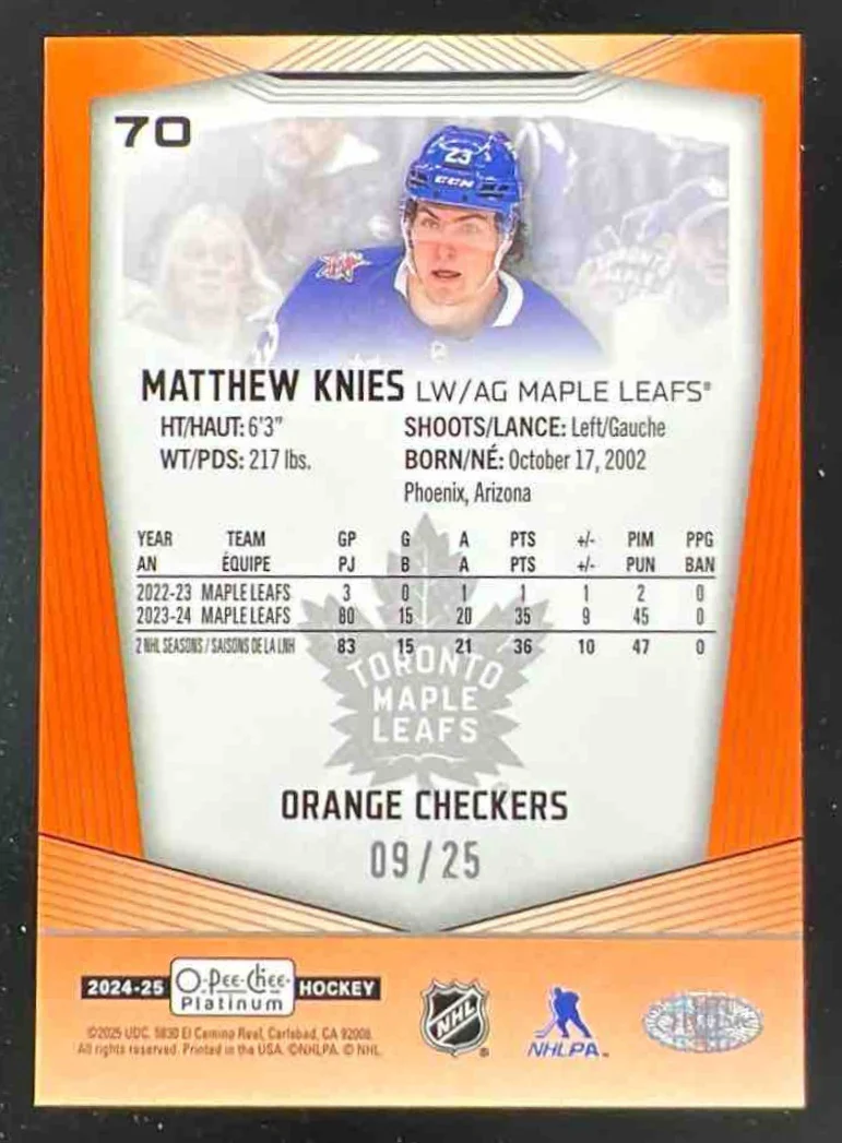 2024-25 O-Pee-Chee Platinum Orange Checkers #70 Matthew Knies /25 - Image 2