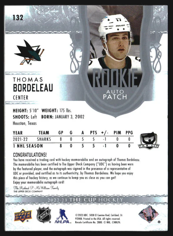 2022-23 The Cup #132 Thomas Bordeleau Rookie Jersey Autograph RC Auto /249 - Image 2