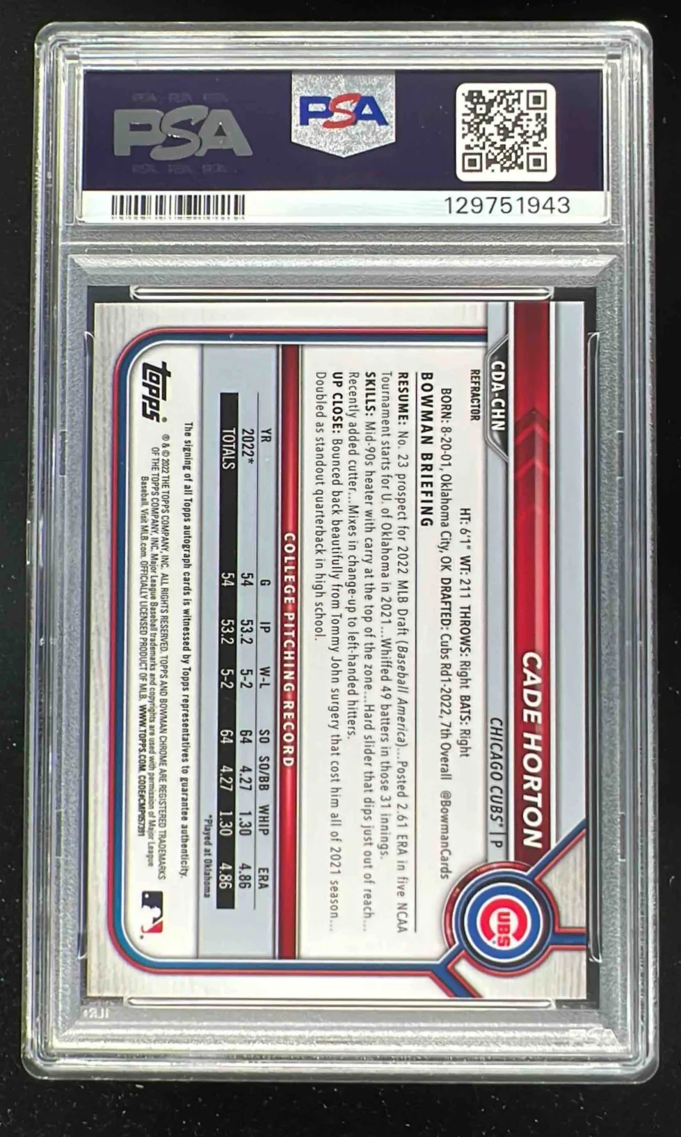 2022 Bowman Draft Chrome Pick Refractor #CDA-CHN Cade Horton RC Auto /499 PSA 10 - Image 2