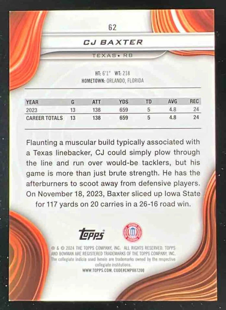 2024 Bowman Best University White Refractor #62 CJ Baxter /5 - Image 2