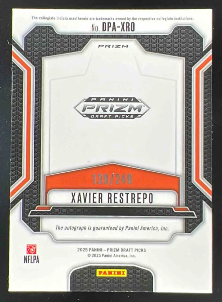 2025 Panini Prizm Draft Pick Autographs Blue Prizm #67 Xavier Restrepo Auto /249 - Image 2