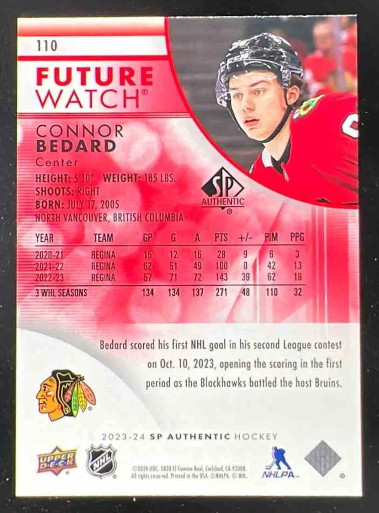 2023-24 SP Authentic Limited Red #110 Connor Bedard RC Future Watch - Image 2