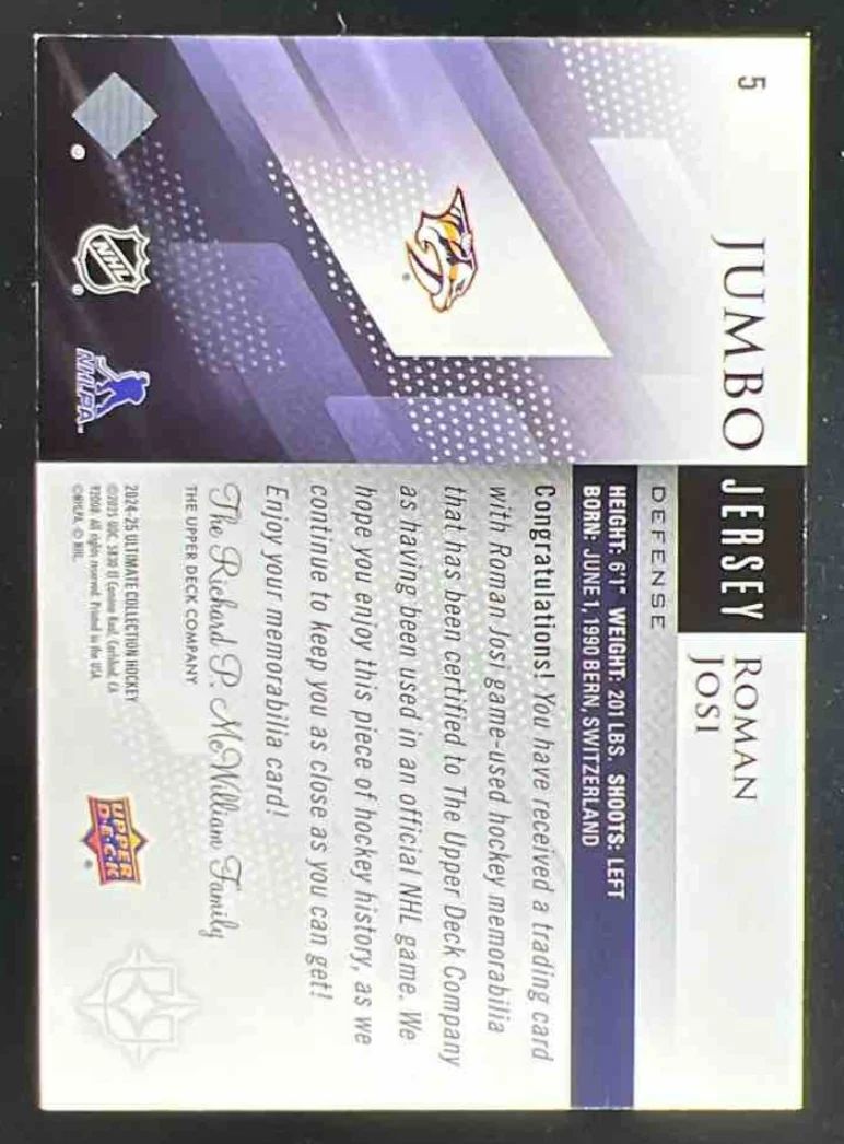 2024-25 Upper Deck Ultimate Collection Jumbo Jersey #5 Roman Josi /199 - Image 2