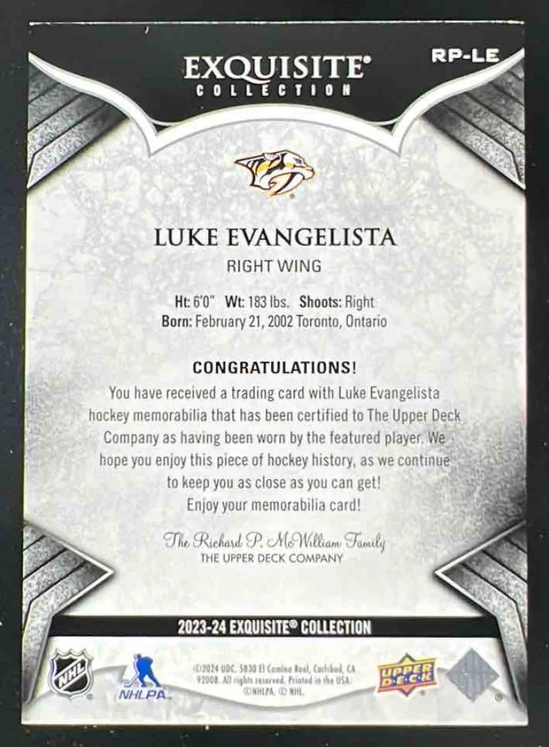 2023 Black Diamond Exquisite Collection Rookies Patch Luke Evangelista RC /99 - Image 2