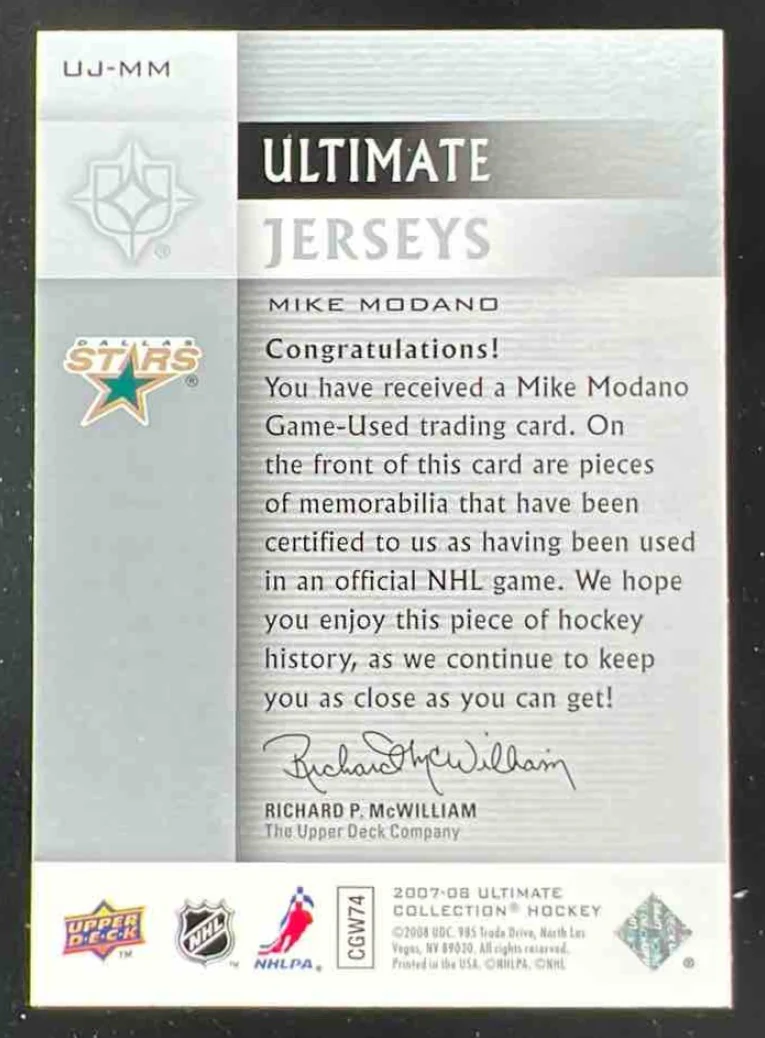 2007-08 Upper Deck Ultimate Collection Ultimate Jerseys #UJ-MM Mike Modano /100 - Image 2
